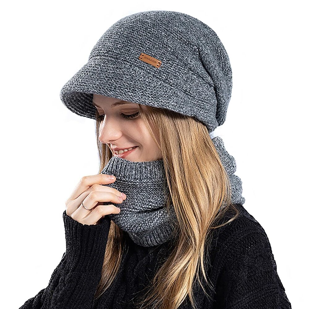 6707 Winter Beanie Hat Scarf Set Cable Knit Warm Fleece Lined Cap with Neck